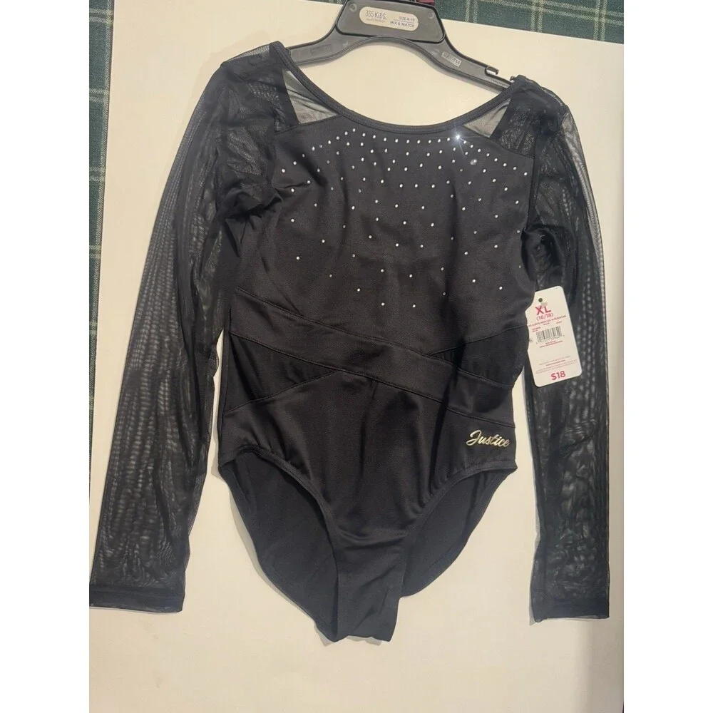 Justice Girls Black Long Sleeve Leotard Mesh Dance Gymnastics XL 16-18